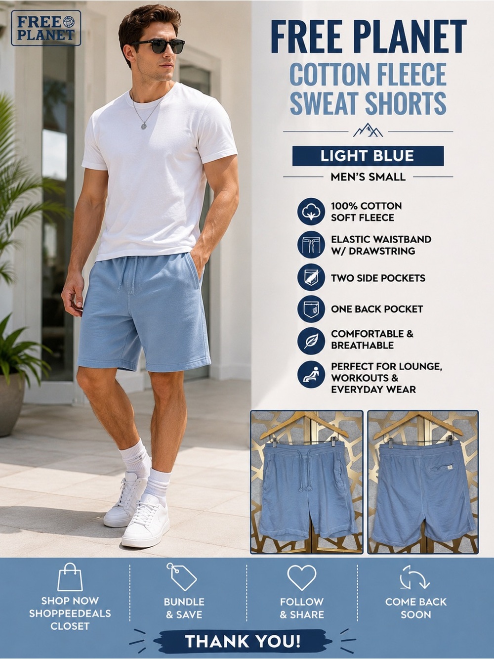 Free Planet Cotton Fleece Sweat Shorts – Light Blue – Men’s Small